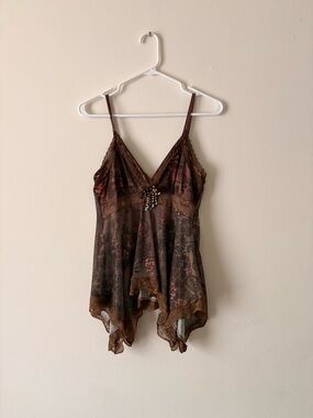 Brown Lace Trim Floral Handkerchief Hem Camisole